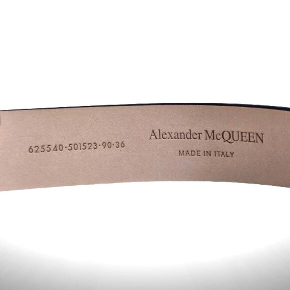 Alexander McQueen Black Pebbled Leather Belt w/ Gold “AM” Monogram Buckle — Size - Picture 8 of 8